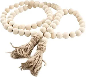 Farmhouse Beads 58in Wood Bead Boho Tassel Garland - Rustic Country Boho Chic Decor for Wall, Above Cabinet & Table