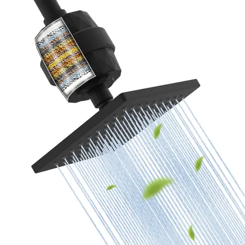 Hibbent ABS+Stainless Steel Shower Head Filter - 6" Size, SUS 304 Rust-Resistant Back Panel, Wall Mount, 20-Stage Filter, High-Pressure Rainfall, 360° Swivel Aim, Removes Chlorine/Heavy Metals, Matte Black, for Sensitive Skin, Modern Home Decor