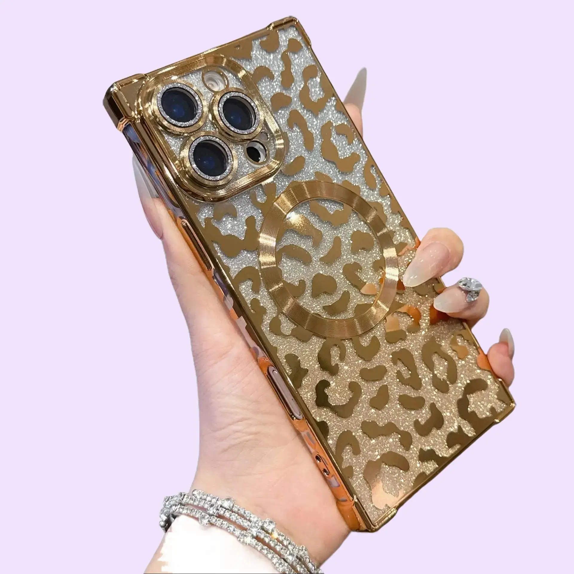 Glitter Cheetah Print Gold Magnetic Square TPU Shockproof Phone Case Cover Casing Protector for iPhone 16 Pro, 17 Pro Max - Customized Smartphone Accessory with Protective Design