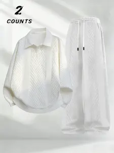 Men's 2-Piece Set Vintage Check Pattern Long Sleeve Polo and Drawstring Pants, Casual Comfortable Outdoor Style for Fall & Winter