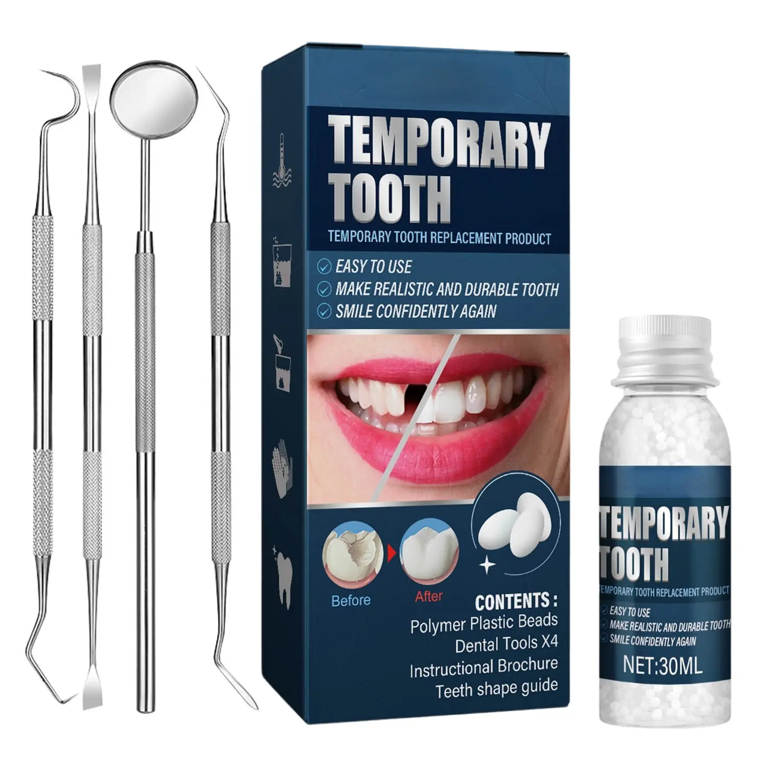 Tooth Repair Kit, Moldable Tooth Filling Repair Kit with 4 Dental Tool, Dental Care Kit Fixing The Missing and Broken Replacements, DIY Natural Filling Fake Teeth,Smile Confidently Again
