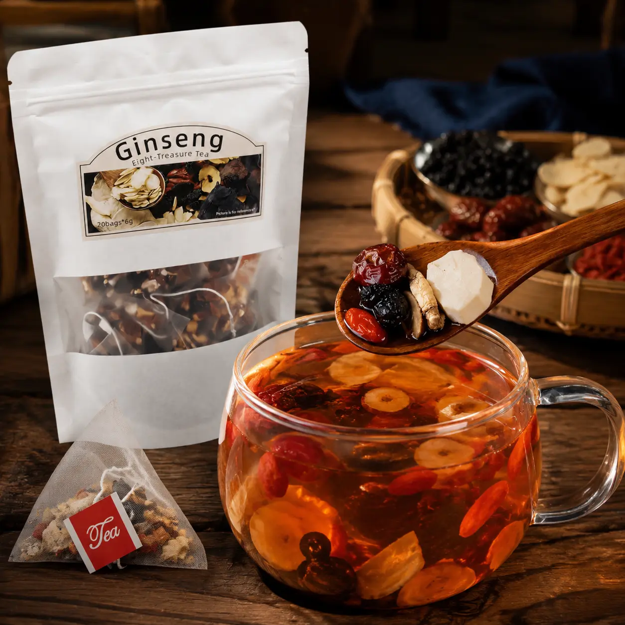 8 Treasures Herbal Tea Bags (30 Pack, 200 g) - Organic Ginseng Classic Blend Herbal Tea, No Artificial Botanical Extracts Infusion, Daily Nourishment Drink for Adults, Boosts Mental Clarity, Single-Serve Beverage
