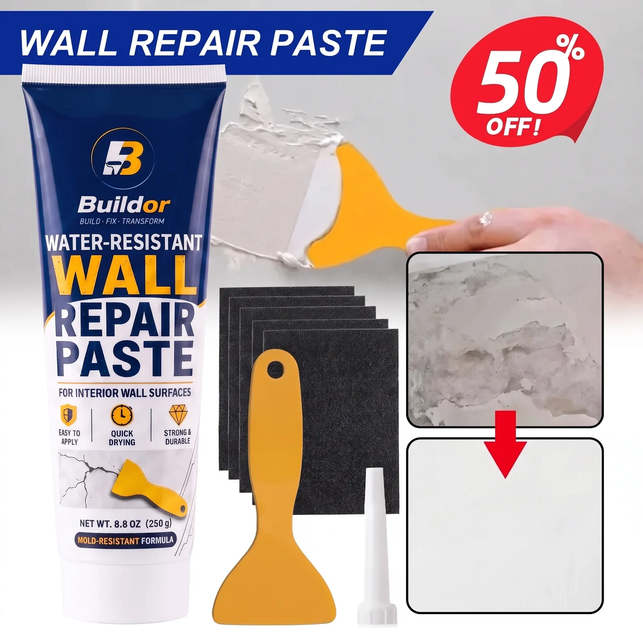 250g Drywall Repair Kit with Wall Repair Paste, Putty Scraper & 5 Sanding Sheets, Quick-Drying Water-Resistant Wall Mending Compound for Cracks, Nail Holes and Interior Wall Damage