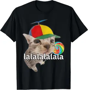 100% Cotton Tee Lalalalalala Meme Silly Cat Meme With Lollipop Funny Memes T-Shirt T-Shirt with Look