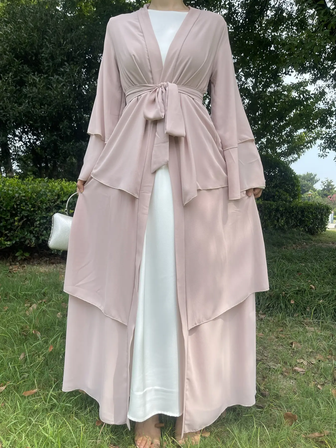 Middle Eastern Classic Islamic Three-Layer Chiffon Open Front Long Robe Dress with Belt, Elegant Muslim Clothing for Women