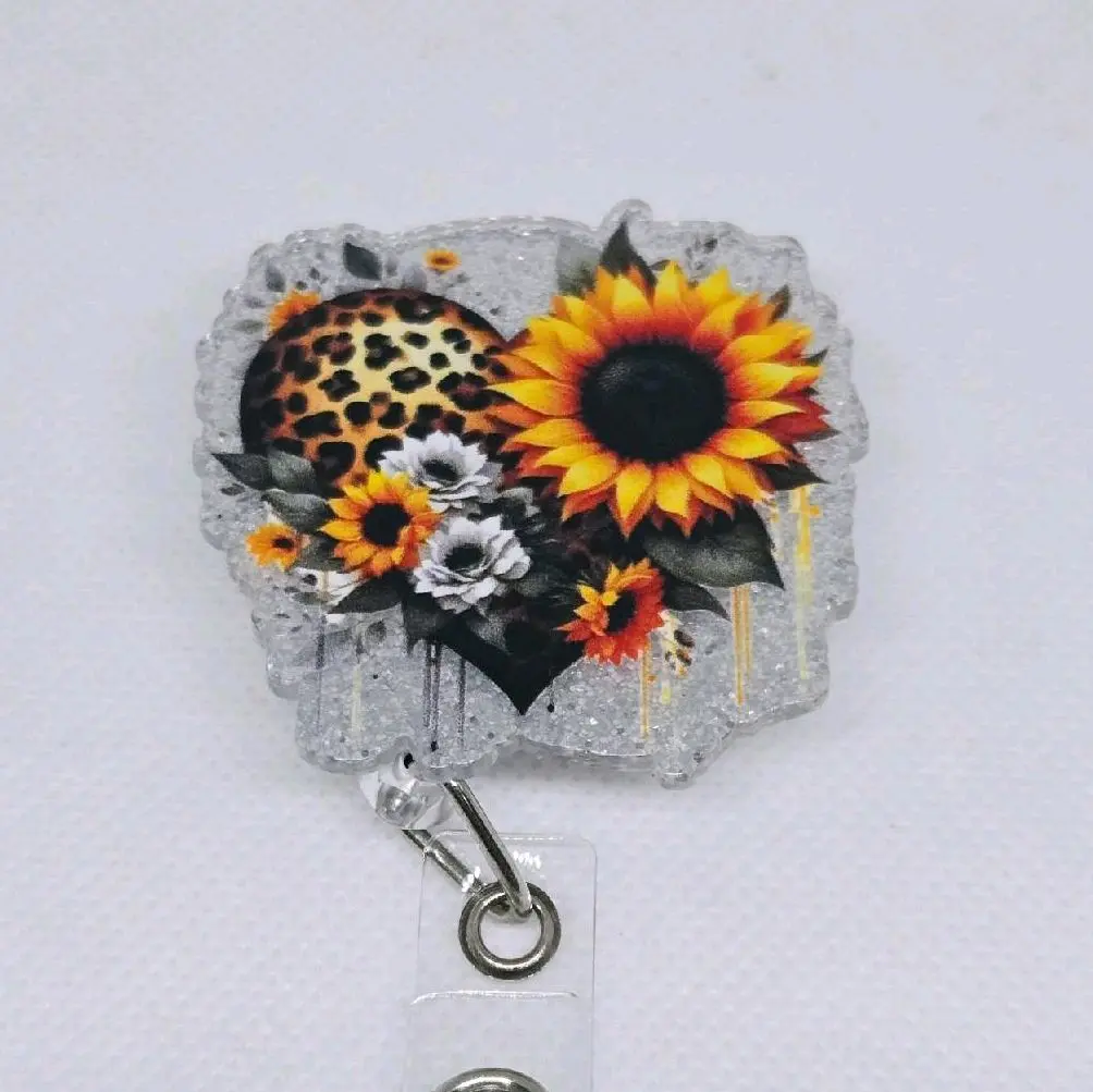 Sunflower Heart Glitter Acrylic Retractable Badge ID Reel Belt or Alligator Clip identification supply retractable clip