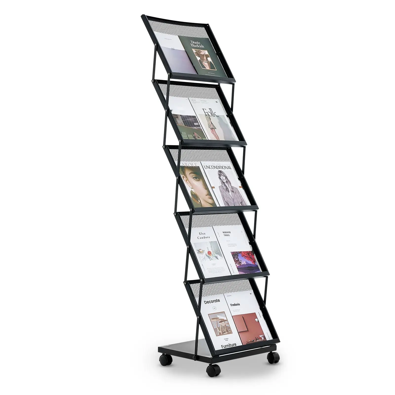 Brochure And Magazine Display Rack With Foldable 5-Pocket Literature Stand, Movable Floor-Standing Magazine Rack With Wheels, Metal Newspaper Catalog Holder For Shops, Exhibitions, Offices, And Trade Shows