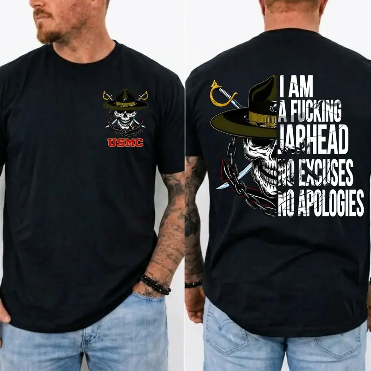 Usmc Jarhead Skull T Shirt – No Excuses No Apologies Vintage Marine Graphic Tee For Men , Unisex Casual Graphic T-Shirts