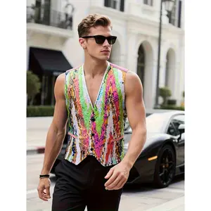 Men's multi-color sequin V-neck vest, European and American party dazzling style, suitable for stage performances and nightclub trends, fashionable sleeveless top