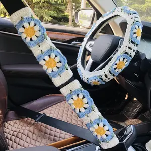 Crochet Car Steering Wheel Cover & Seat Belt Cover Set, Car Interior Decoration Set, Car Accessories for Women & Men, Car Interior Decorative