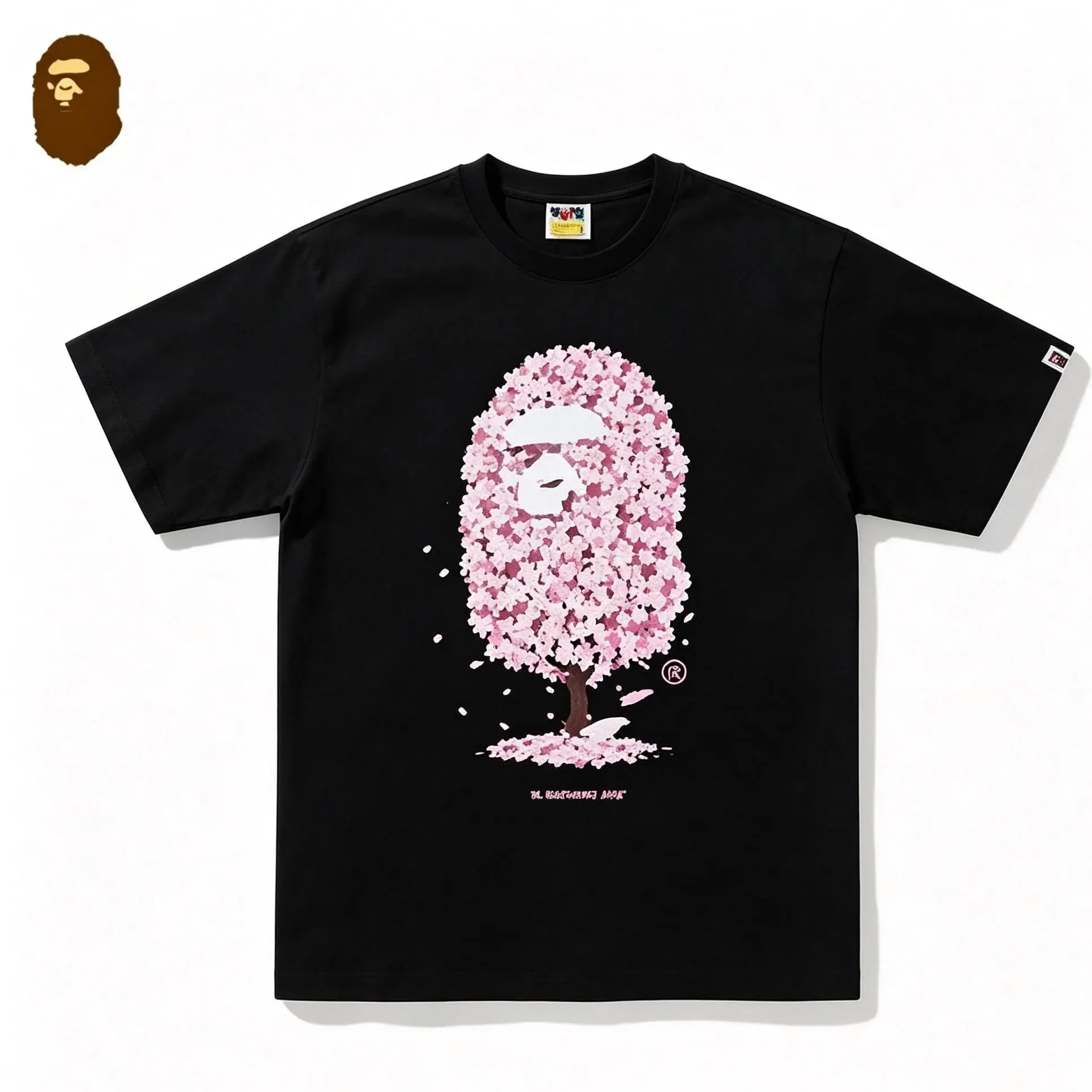 BAPE ABC Sakura Cherry Blossom Camo Graphic Tee, 100% Cotton Crew Neck Short Sleeve Streetwear Top, Relaxed Fit With Ape Head Print