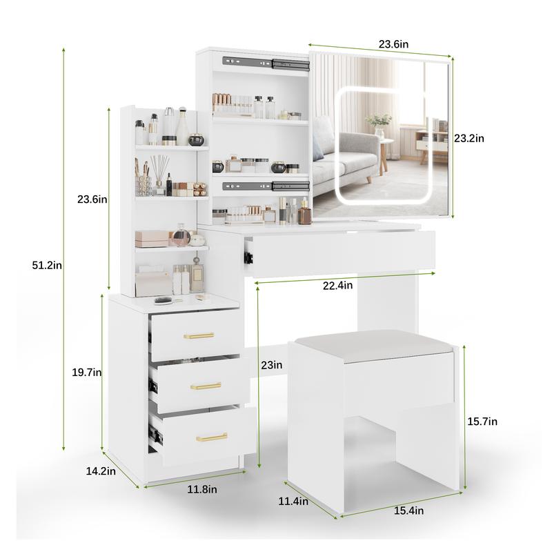Makeup Vanity Set with Sliding Mirror & Lights, 4 Drawers + Open Shelves, Power Outlet & Stool, 3 Color Adjustable, Wood/White Vanity Desk for Bedroom, Storage Organization, Room Decor