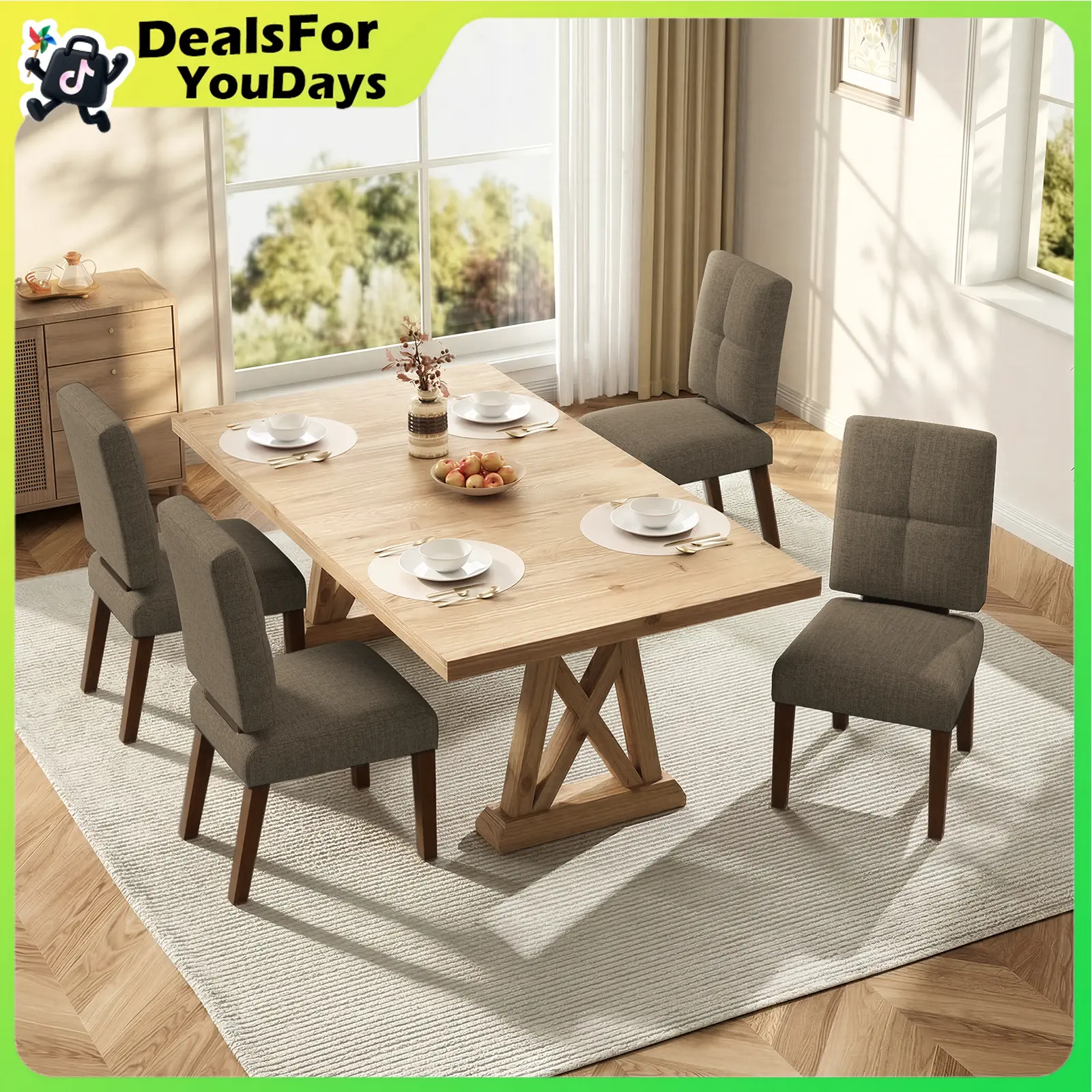 【DealsForYouDays】Wooden Dining Chairs Set of 4, Modern Upholstered Dining Room Chairs with Rubberwood Legs & Widened Thickened Cushion, Breathable Linen Fabric Kitchen Chairs for Farmhouse/Living Room/Dining Room, Coffee