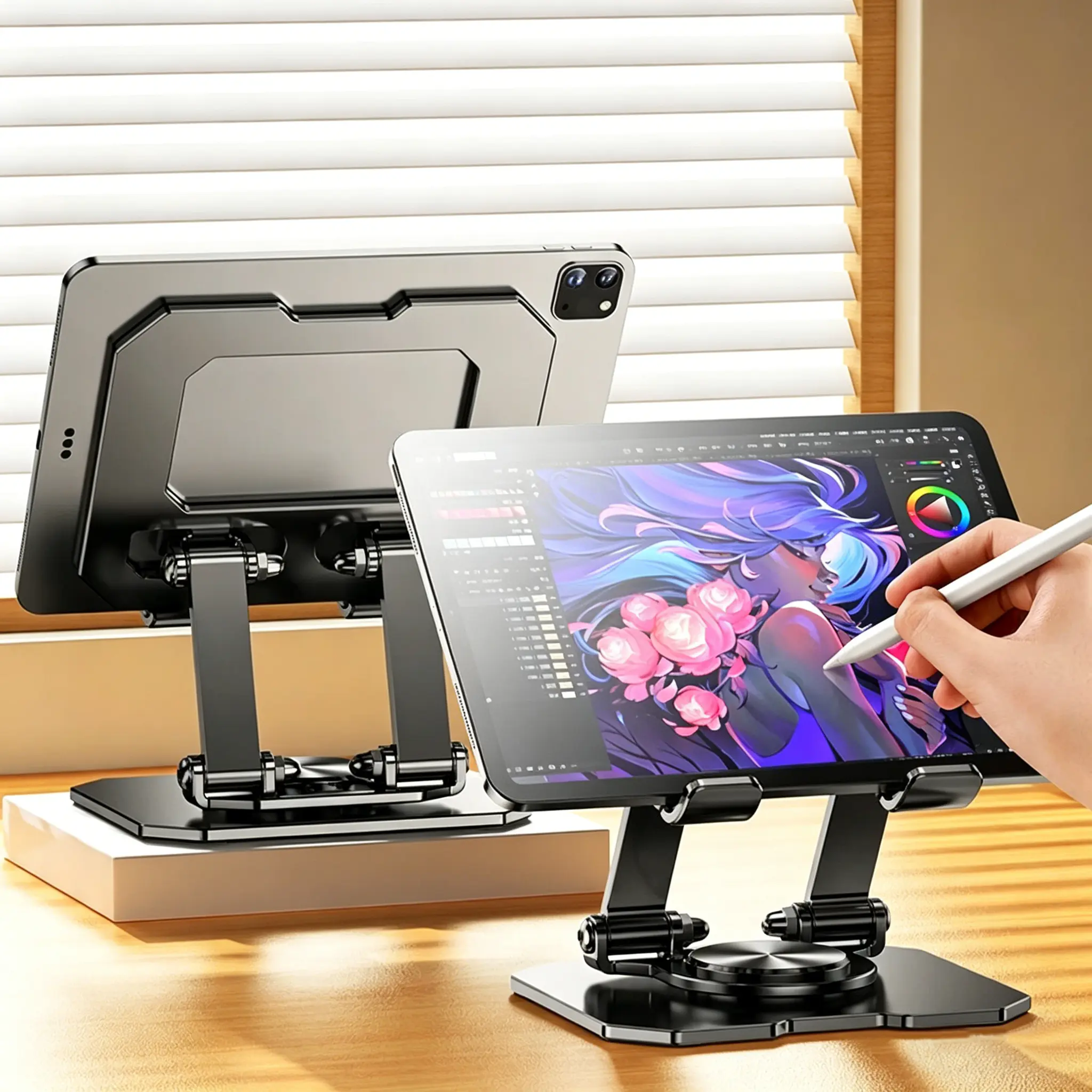 360-Degree Rotating Metal Aluminum Alloy Desktop Tablet Stand, Portable Adjustable Home Accessory, Storage Holder Rack for iPad Gaming & Home Organization Tech Accessories, Home Accessories