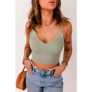 Sage Ribbed Spaghetti Strap Cropped Knitted Tank Top