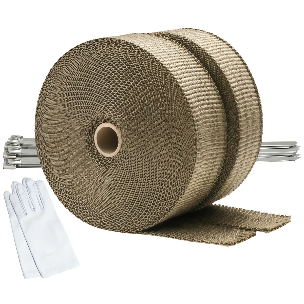 2 Rolls 2"x50' (Total 100') Golden Titanium Fiber Exhaust Wraps, 1800°F High-Temp Header Wrap Thermal Insul. Tape with 24 Stainless Steel 304 Locking Ties for Motorcycle Automotive