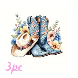 Western Cowboy Boots & Hat Heat Transfer Stickers, DIY Iron-On Patches for T-Shirts, Pillow Decorations, Washable Plastic Appliques