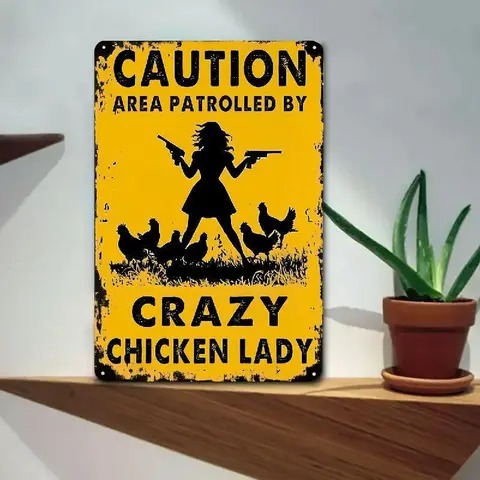 [PAUSEBOLL] Vintage Metal Hanging Plaque - Nail-Mountable Country-Themed Home Signage, Caution Area Patrolled By Crazy Lady, Indoor-Outdoor Bedroom & Farm Chicken Coop Plaque Decorations Door Accent