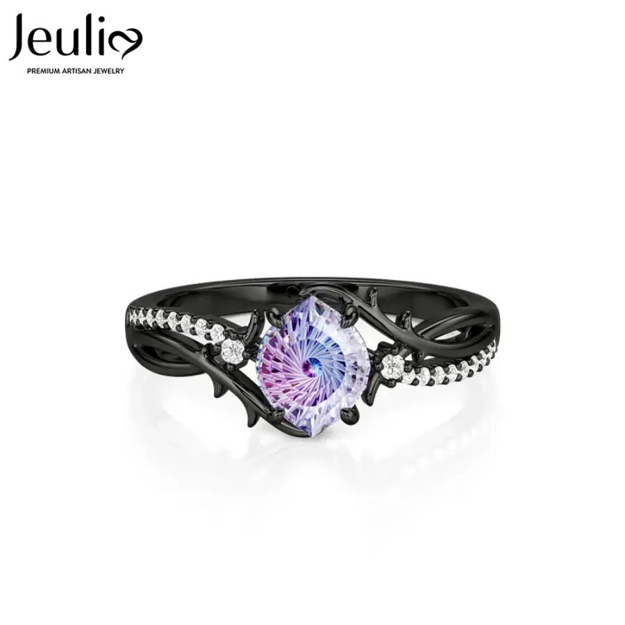 Jeulia Energy Magic Black Evil Eye Bypass Ring Firework Cut Statement Ring, Luxury Rings