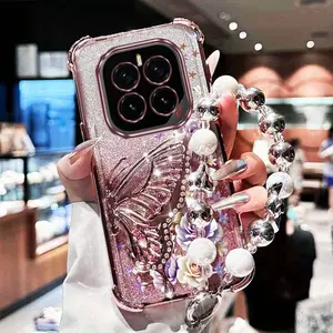 Honor GT Pro Fashion Series Lucky Butterfly Silver White Bead Double Color Hanging Rope Quicksand Butterfly Bracket Phone Holder Case For Compatible With Huawei Honor Gt Pro Plating Cover and Elegant Dream Rose Garden Protector Cases