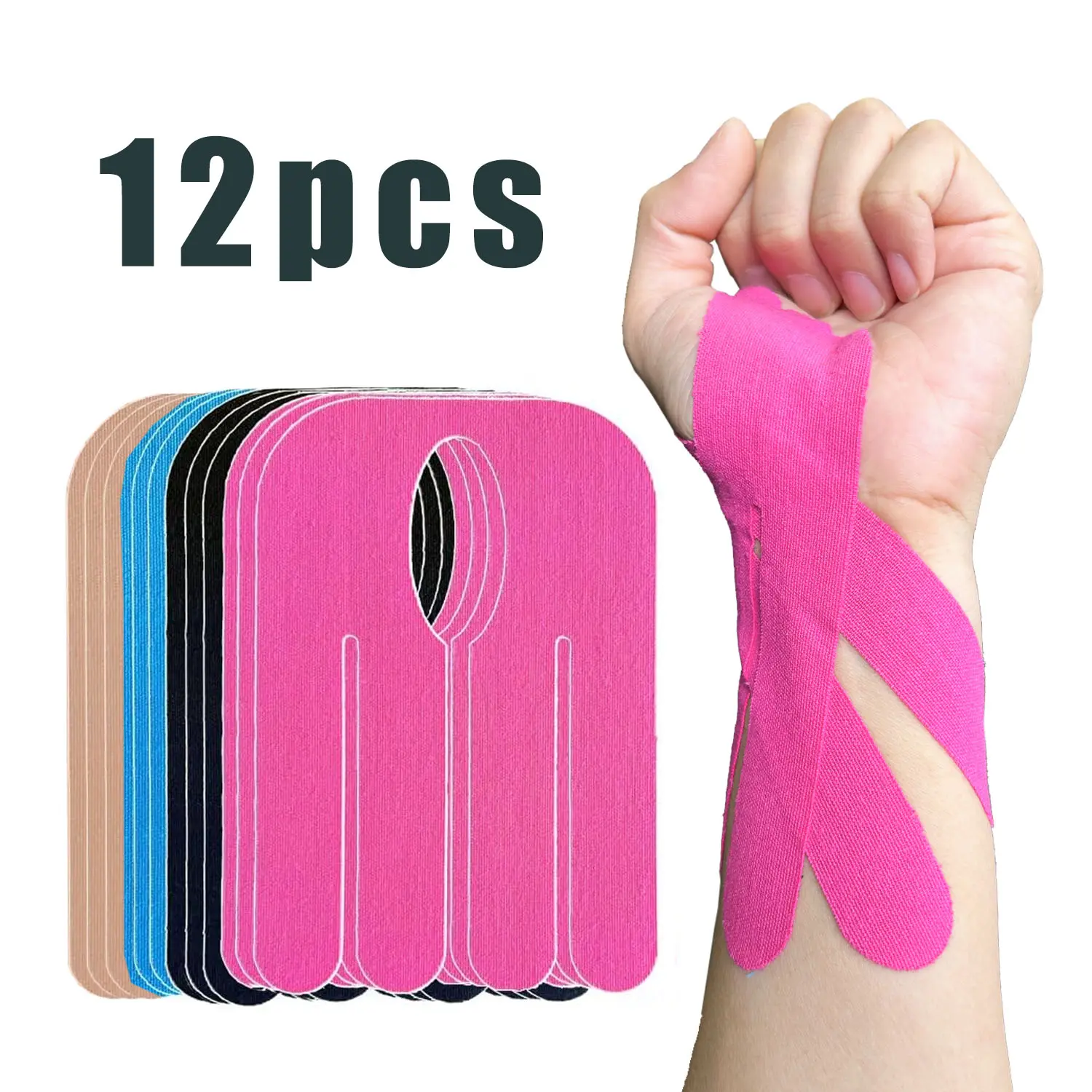 Kinesiology Tape for Wrist Precut, 12pc Waterproof & Breathable Bowling Wrist Tapes, Hypoallergenic Latex-Free Elastic Athletic Tape for Carpal Tunnel, Sports Joints Muscle Support.(Mix)