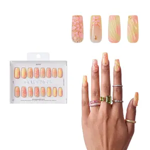 Gold Finger Glitzy 3D Press-On Nails in Very Refined – Long Square Fake Nails, Pastel Ombre & 3D Pink Flowers, Luxury Glue On Nails, 28 Pc Kit