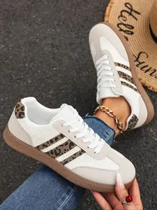 Women's Deep Orange & Cream Two-Tone Suede & Mesh Retro Sneakers Leopard Print Striped Decoration Lace-Up Gum Sole Casual Trainers Daily Outdoor Walking Lifestyle Shoes Fashion Mixed-Material Footwear