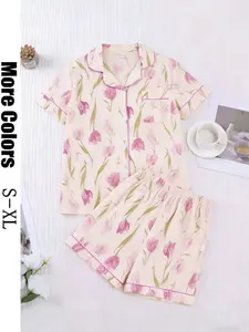 Women's Tulip Print Pyjama Set, Short Sleeve Button-Down Shirt, Pocketed Elastic Waist Shorts, Spring Summer Casual Wear