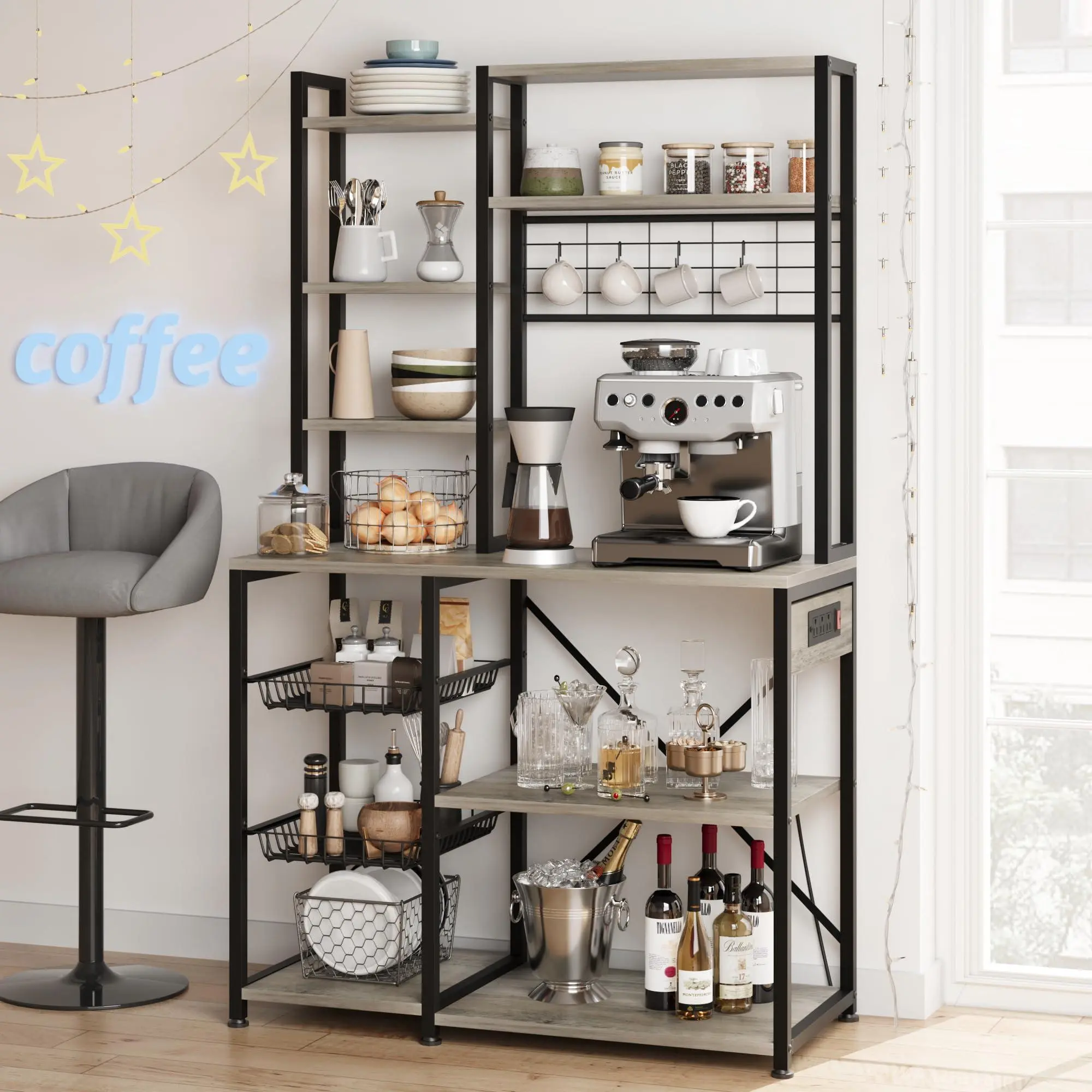 Kitchen shelf, bakery shelf with shelves, basket & 4 S-hooks, industrial design microwave shelf, freestanding shelf made of wood & steel for microwave, cooking utensils, spices, pots and pans 90 x 40 x 178 cm - B