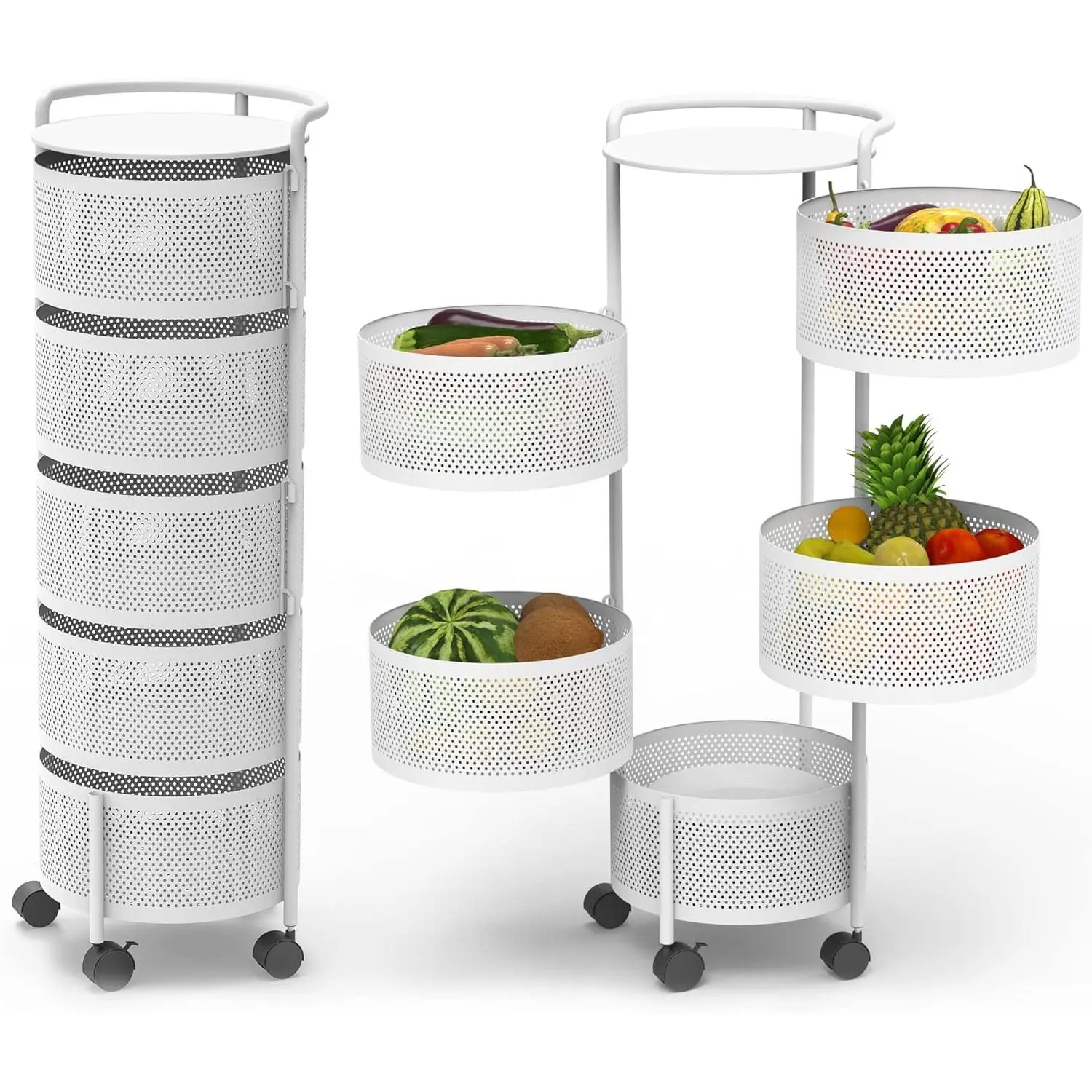 Rotating Fruit Basket, 5-Tier Metal Sturdy Kitchen Storage Rack Shelf Carts No Assembly on Rolling Wheels for Fruit Vegetable Grocery Corns Potato Onion (White, 5-Tier) Organiser