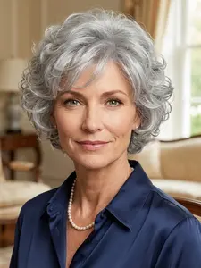 High-End Silver Short Curly Wig, Natural Voluminous Fiber Wave Hairpiece, Daily Breathable Easy-To-Maintain Women's False Hair, Fashion Fluffy Wigs