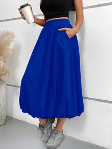 Elegant A-Line High-Waist Skirt, Loose Fit Long Skirt with Pockets, Casual Everyday Plain Design, Comfortable and Versatile, All-Season Wear Womenswear