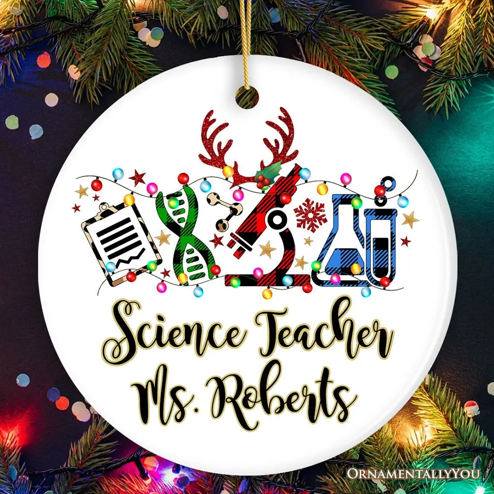 Personalized Science Plaid Christmas Ornament, Gift for Scientist or Researcher, Lab Tools like Flasks and Microscope