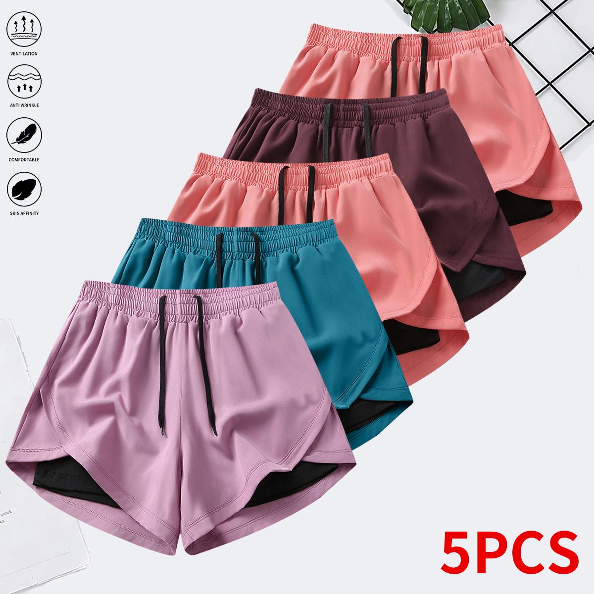 Women’s summer shorts: double-layer faux two-piece mid-length knit pants made from polyester–spandex fabric; breathable, quick-drying compression base layer shorts with elastic drawstring waist; suitable for fitness training, casual sports, and running.