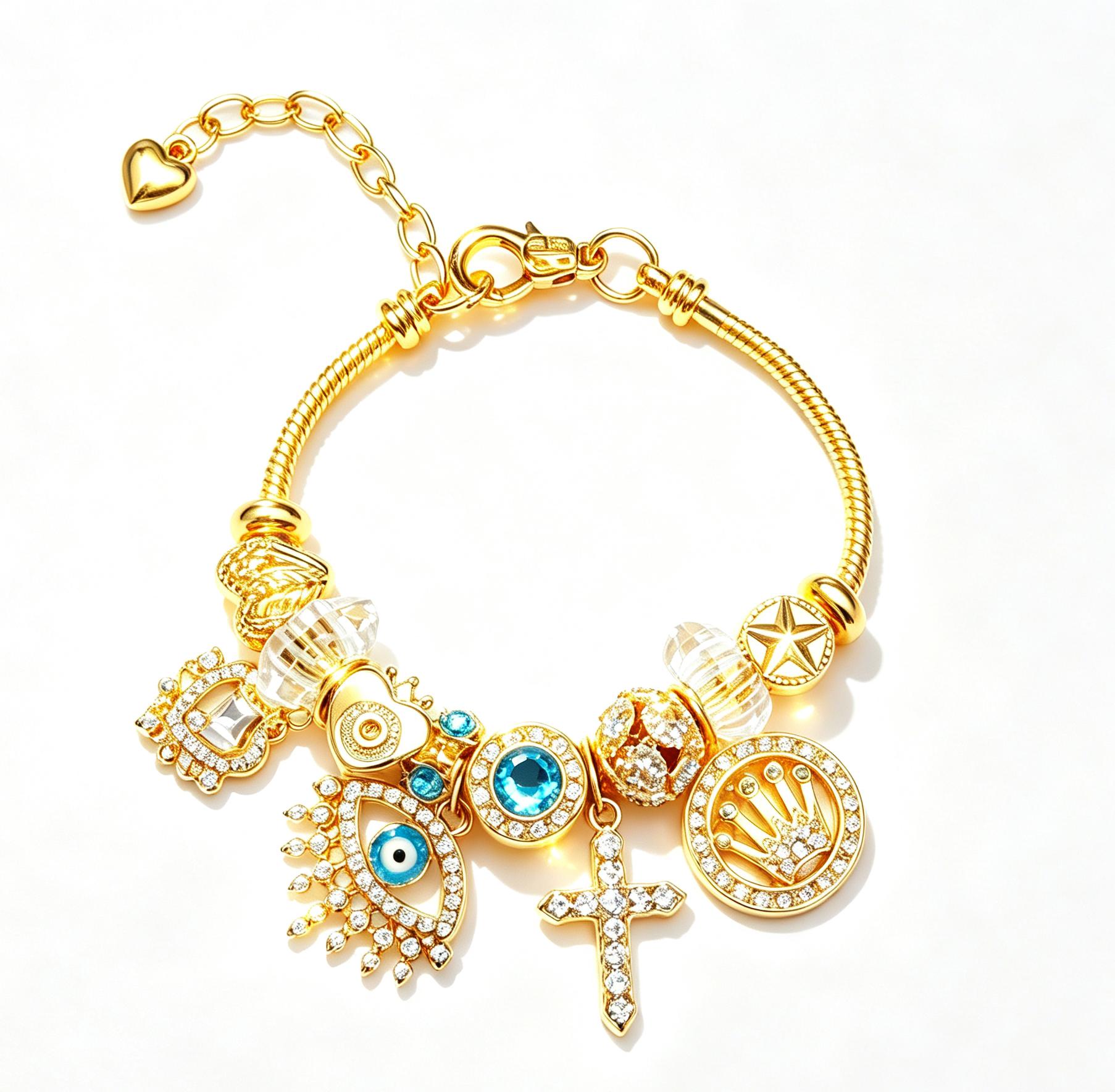 Gold Tone Charm Bracelet for Women, Blue Evil Eye Cross Star Lucky Charms Bracelet, Crystal Statement Jewelry Gift for Her
