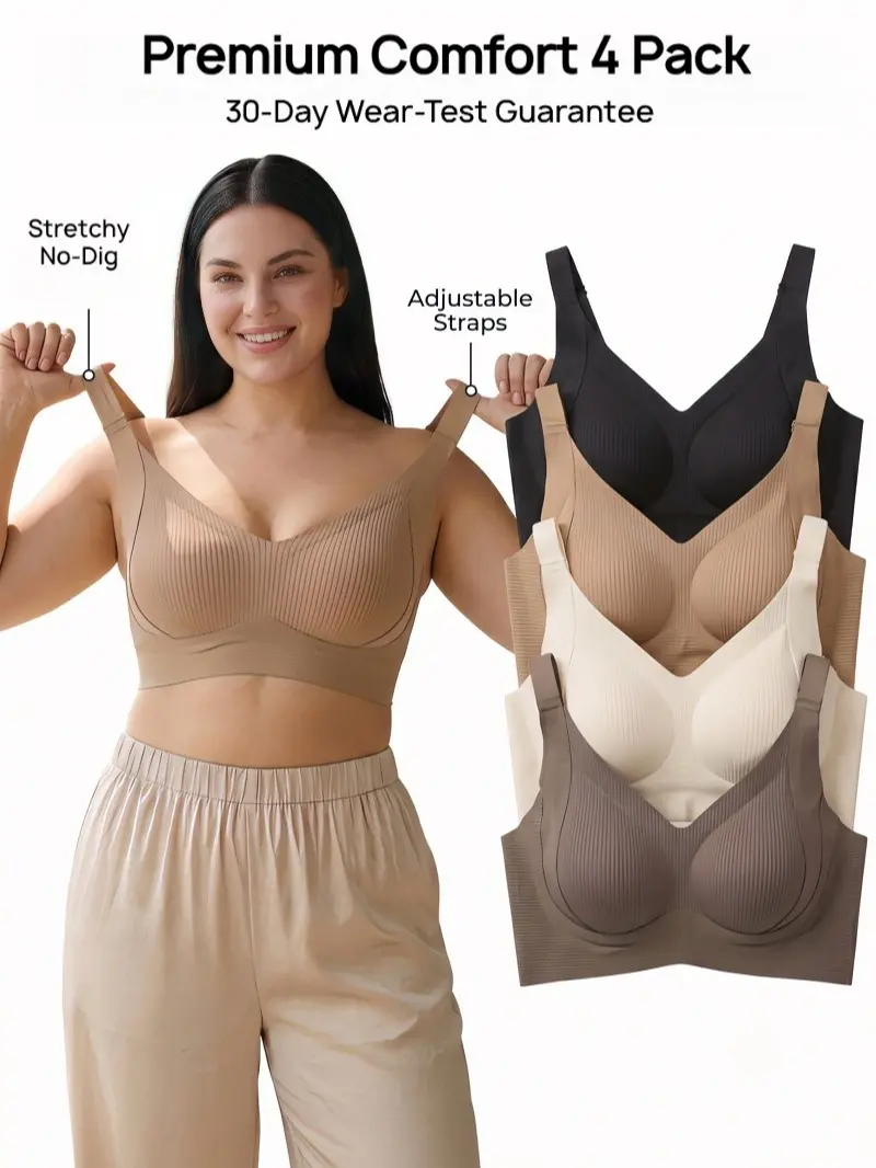 4-Pack Solid Seamless Wireless Push Up Bra Plus Size Ultimate Lift Jelly Comfort Bralette Full Coverage Everyday T-Shirt Bra