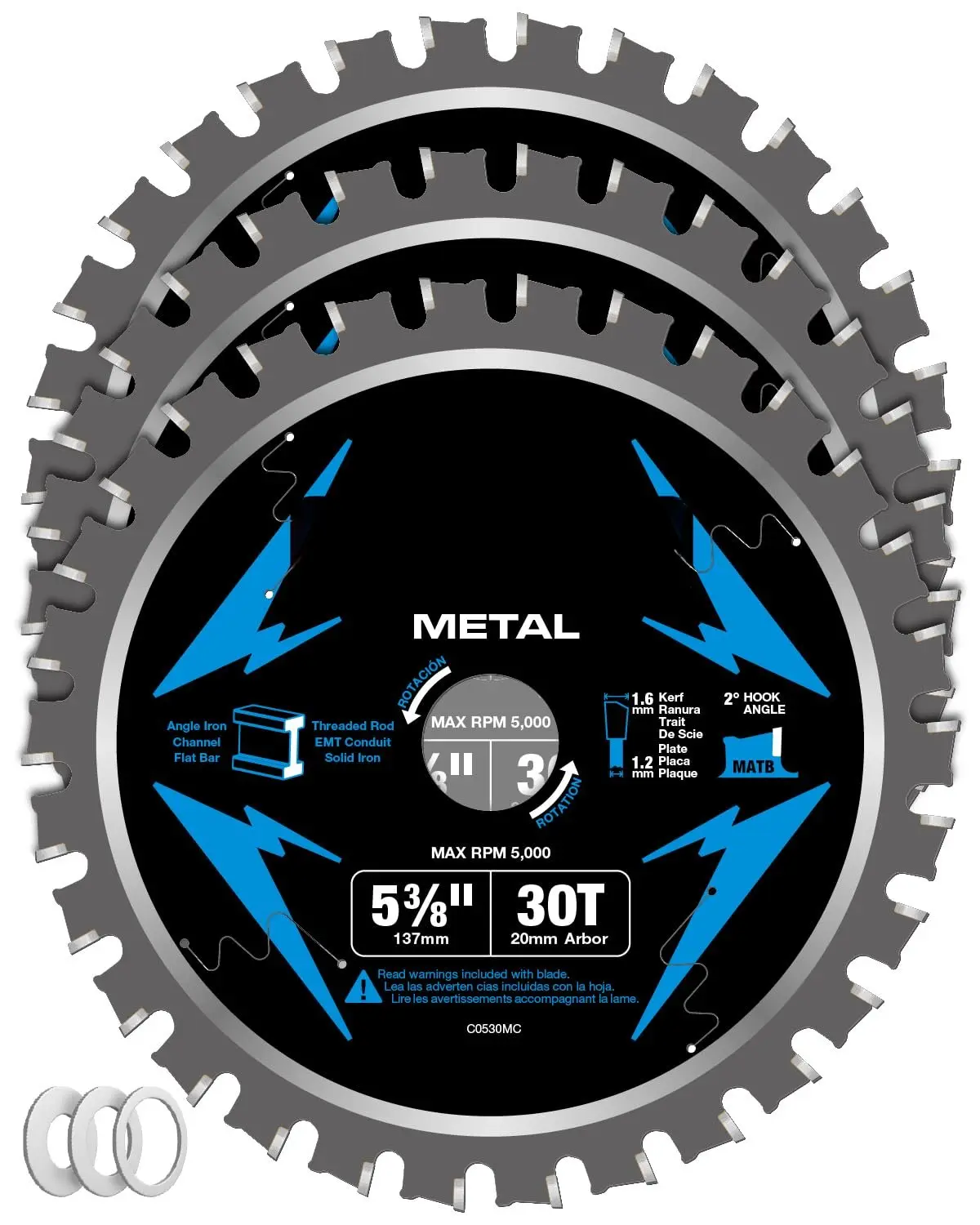 Professional Carbide Tipped Metal Cutting Tool - 5-3/8 Inches, 30 Teeth, Steel/Ferrous Metal, 20 mm Arbor, 1.6 mm Thin Kerf, for Angle Iron, Flat Bar, Threaded Rod, 3-Pack (C0530MC-3)