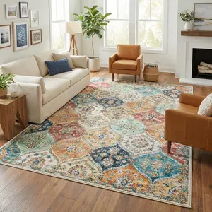 Large Washable Rug Area Rugs for Living Room Non Slip Vintage Trellis Rug Low Pile Non-Shedding Soft Thin Mat Classic Foldable Carpet for Bedroom Dining Room Playroom Nursery Office Orange