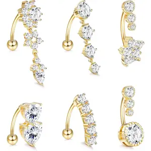 Trendy Summer 6 Pcs 14G Dangle Belly Button Rings for Women 316L Surgical Steel Clear CZ Barbell Piercing Dangle Reverse Curved Navel Barbell Body Jewelry