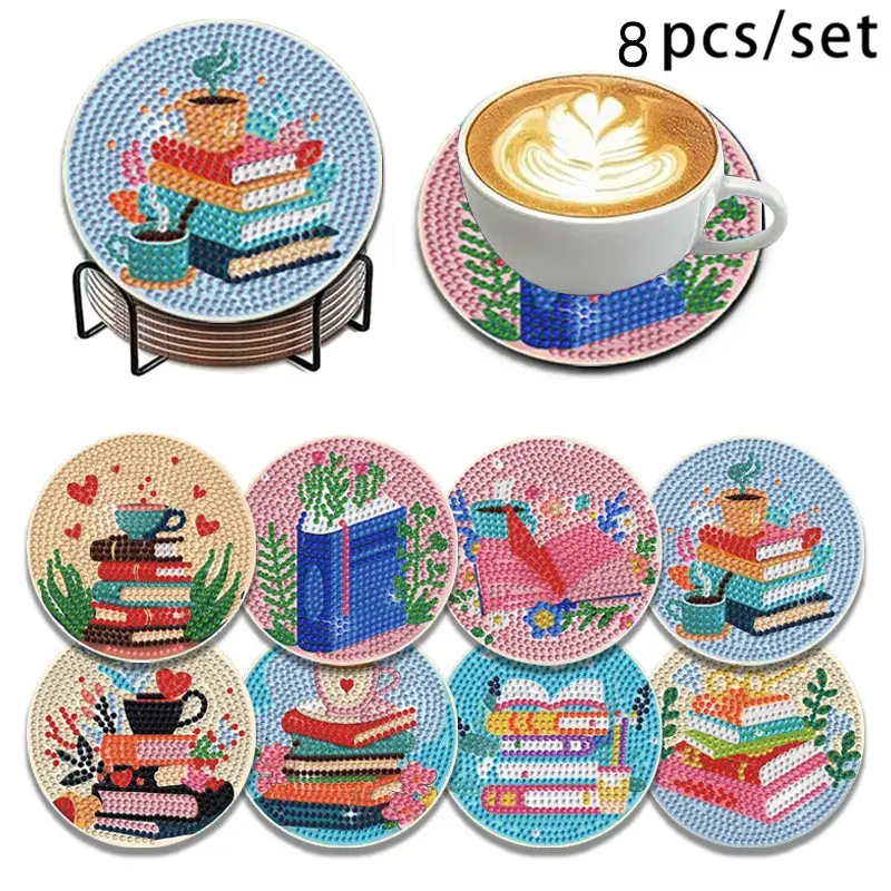 8 pieces/set diamond art painting coasters with brackets, DIY patterned diamond art coasters, suitable for adults and beginners, diamond set craft supplies, exquisite gifts, Coffee Table Mat, Coasters for drinks, Cup Coasters
