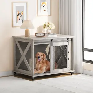 【GARVEE】37'' Dog Crate Furniture Side End Table with Flip Top and Movable Divider, Wooden Dog Crate Table Large, Style Dog Kennel Side End Table