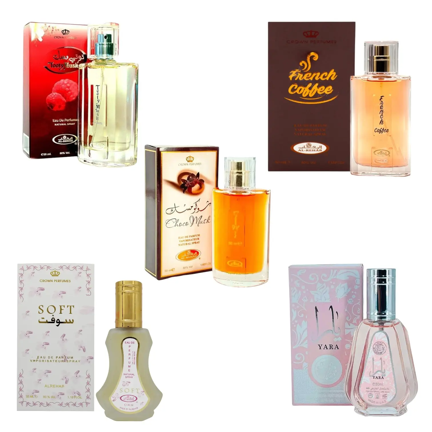 (5pc Bundle Pack) Al Rehab Choco Musk + French Coffee + Tooty Musk + Soft + Ard Al-Zaafaran Yara 50ml Perfume Spray