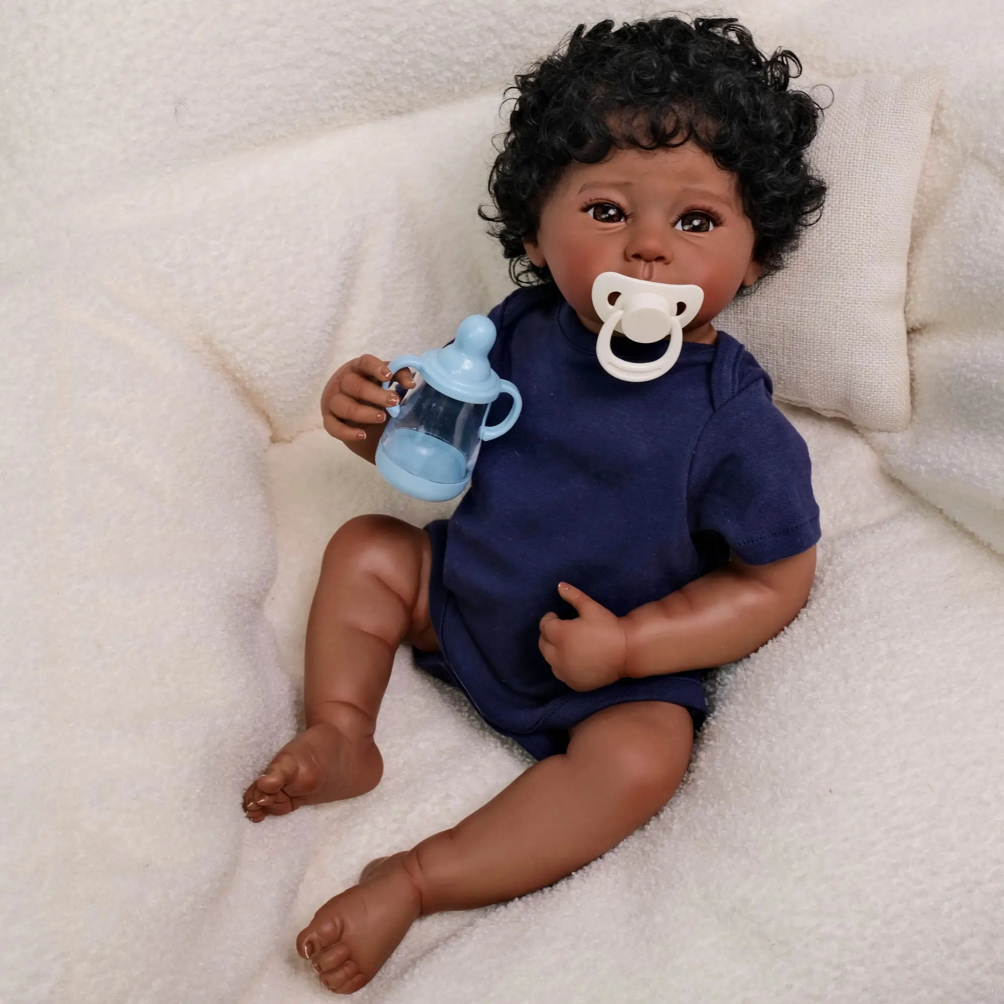 Real Look Reborn Baby Dolls 19 Inch 48cm African American Black Baby Dolls Full Body Soft Vinyl Boy Newborn Baby Dolls with Hair Kid Toy Gift for Age 3+