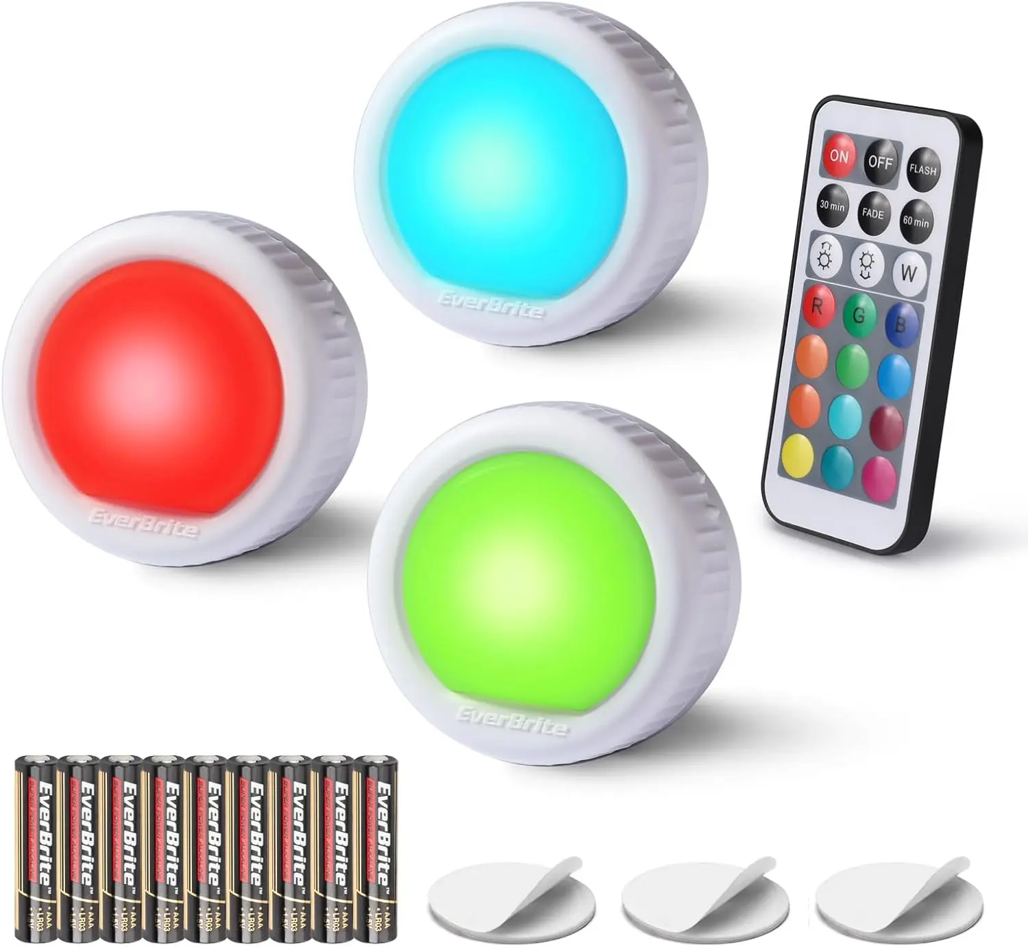 Tap Light, Push Light, LED Puck Lights with 12 RGB Colors, Wireless Touch Light Under Cabinet, 80 Lumens Night Light for Closet, Bedroom, Wall, Classroom, 9 AAA Batteries Included, 3-Pack