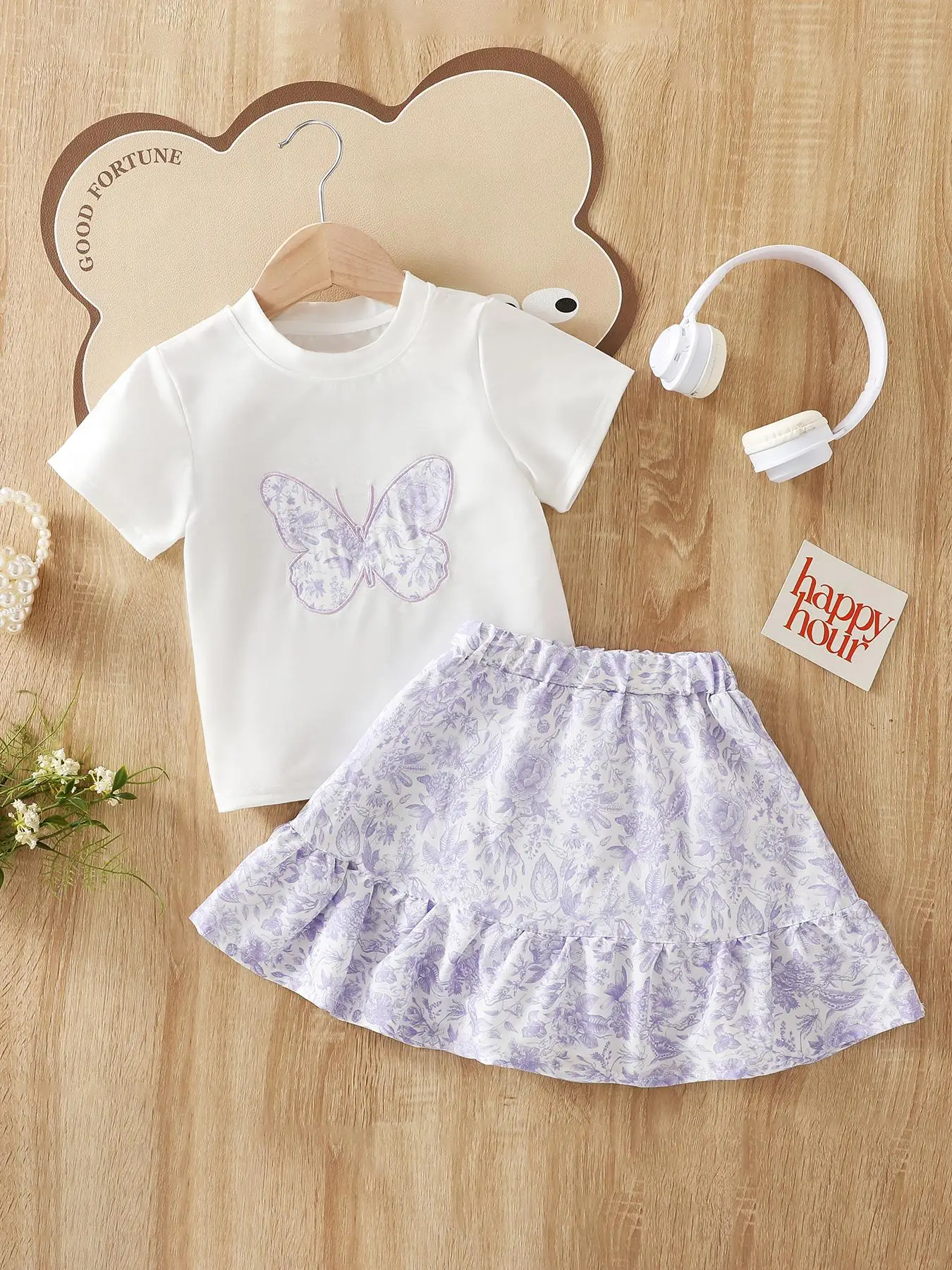 Toddler Girl's Butterfly Print Short Sleeve Tee & Skirt Two-piece Set, Casual Round Neck T-shirt & Skirt for Daily Wear, Kids Clothing for Summer