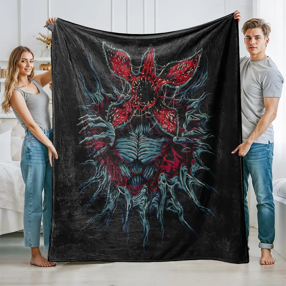 Demogorgon Cartoon Print Flannel Throw Blanket, Cozy Warm Blanket, Ideal Birthday Gift for All Ages, Multi-Functional Bed Sofa Chair Decor, High-Quality Camping Blanket