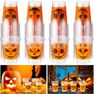 100 Pcs Halloween 12 oz Plastic Cups Pumpkin Design Disposable Cocktail Glasses Happy Halloween Cute Disposable Cups for Coffee Juice Hot Cold Drinks Party Supplies 4 Styles