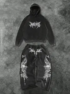 Men's Cotton Two-Piece Set, Graphic Print Hoodie and Wide Leg Pants, Casual Fitted for Spring Fall Winter Sports