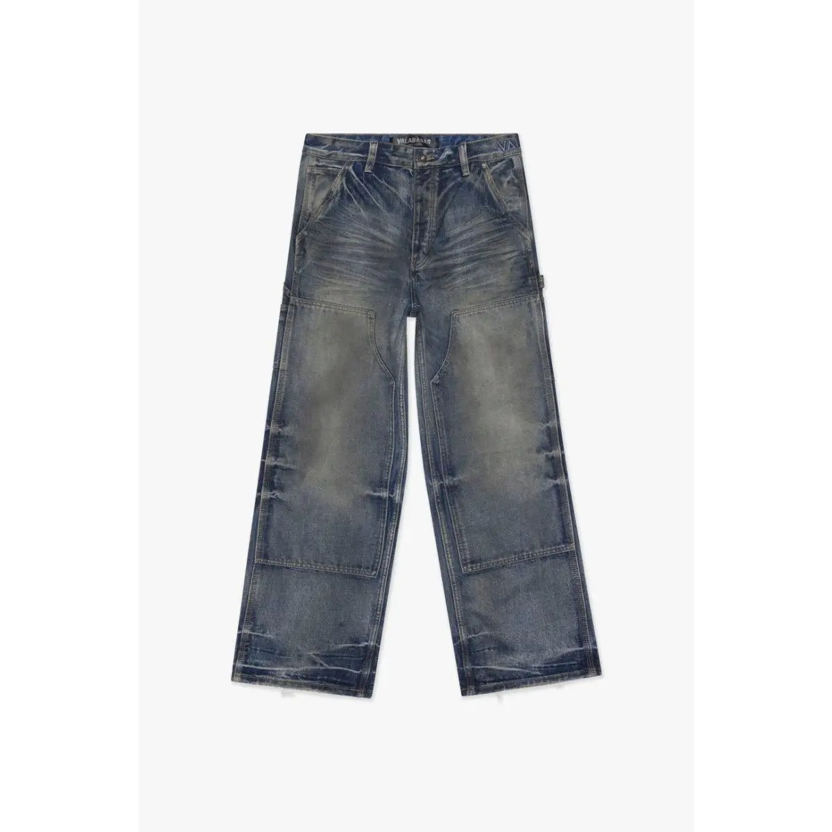 Men's Classic Retro Straight-Leg Jeans - Dirty Vintage Blue Wash, 100% Cotton Denim Straight Pants, Casual Menswear with Reinforced Panels, Pockets, Tonal Stitching, True Size, Plain Full Length, Classic Retro Men's Jeans
