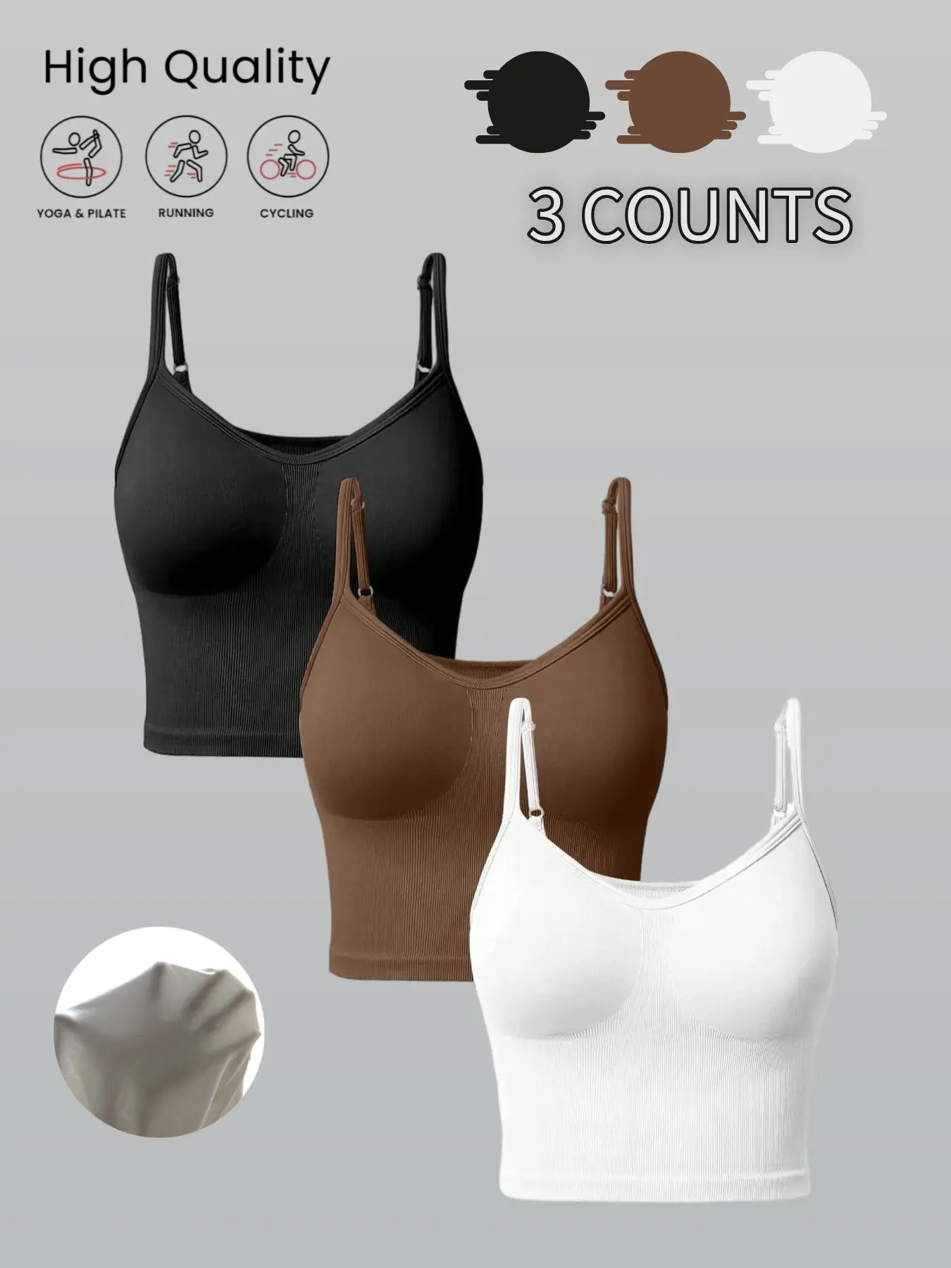 Women's 3-Piece Solid Color Adjustable Strap Seamless Sports Tank Top, Strappy Yoga Bras, Breathable Activewear for Indoor and Outdoor Use, Comfortable Tight-Fitting Gym Clothing, Sports Bra Pack, Exercise Bra, Sportswear Bra, Workout Bras